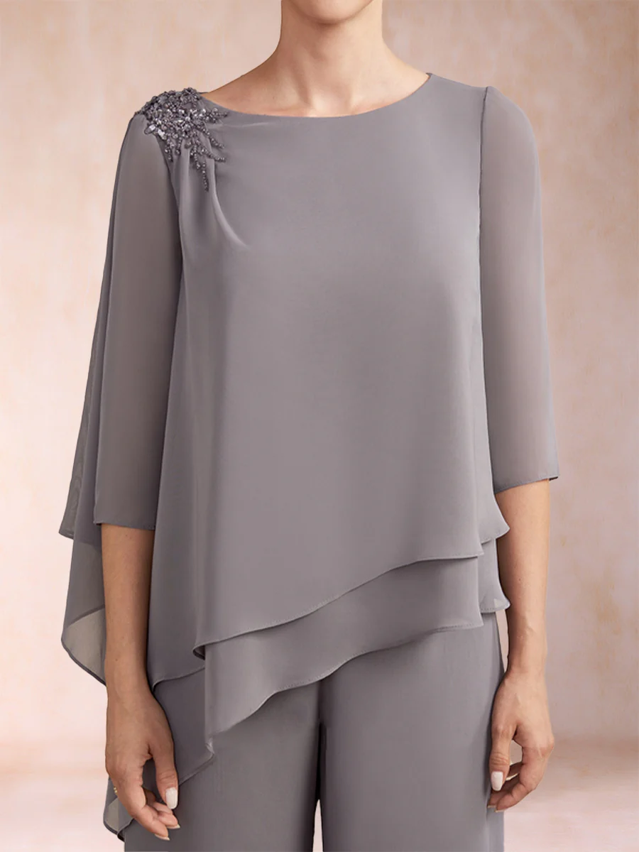 Chiffon Scoop 3/4 Sleeves 2 Pieces Ruched Pantsuits with Rhinestone - Image 5