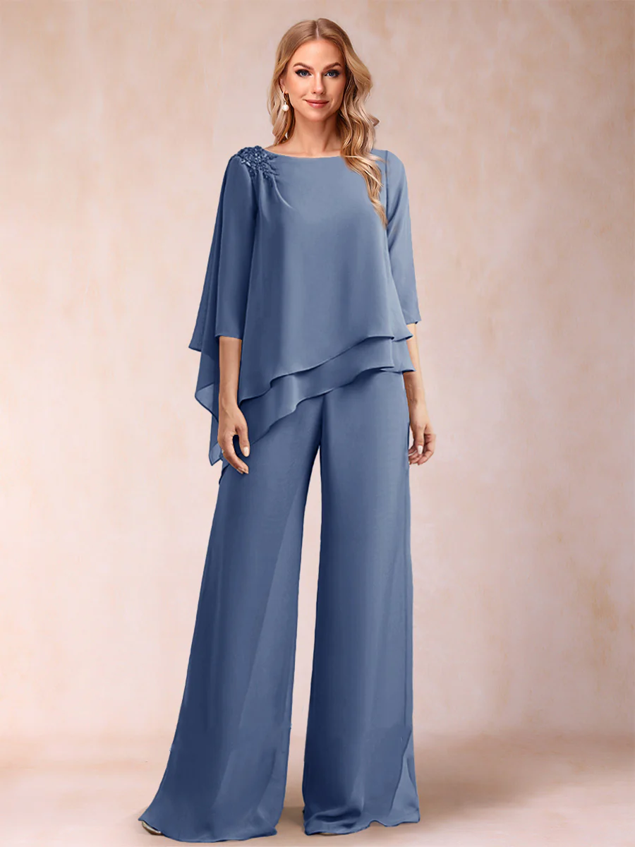 Chiffon Scoop 3/4 Sleeves 2 Pieces Ruched Pantsuits with Rhinestone - Image 68