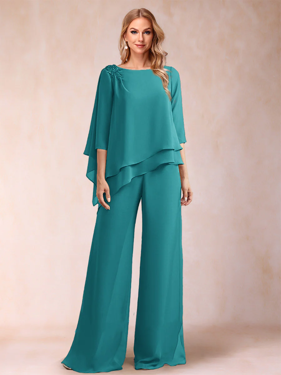 Chiffon Scoop 3/4 Sleeves 2 Pieces Ruched Pantsuits with Rhinestone - Image 7