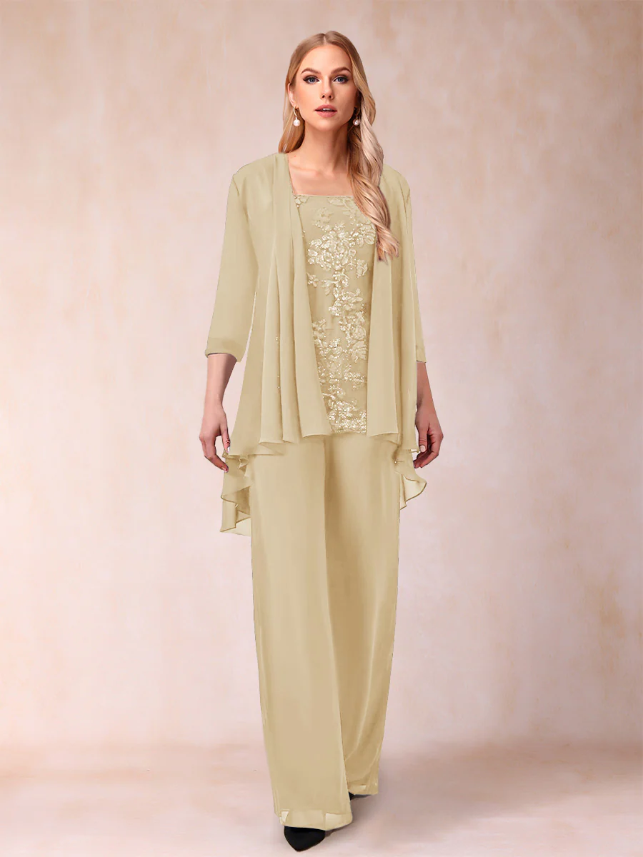 Chiffon Scoop 3/4 Sleeves 3 Pieces Pantsuits with Applique & Jacket - Image 14