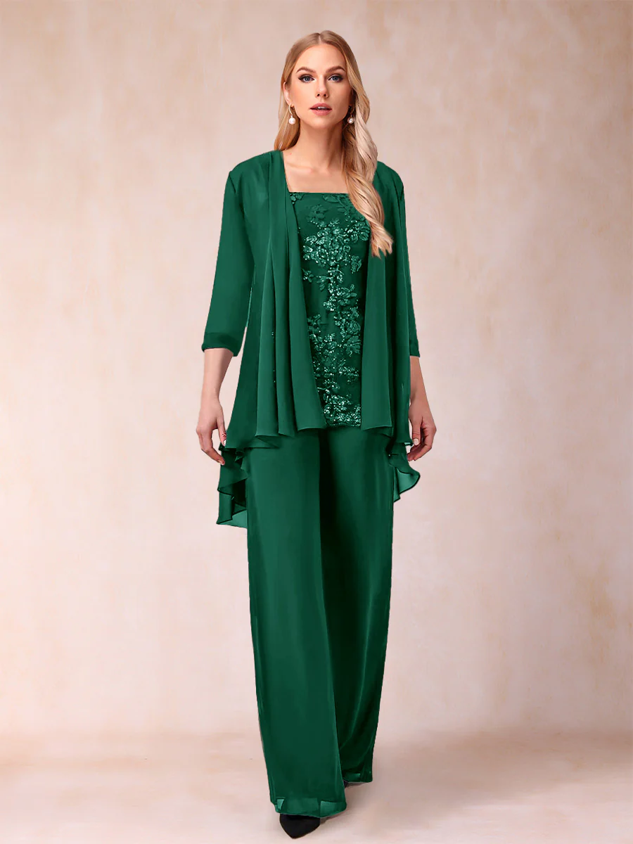 Chiffon Scoop 3/4 Sleeves 3 Pieces Pantsuits with Applique & Jacket - Image 16