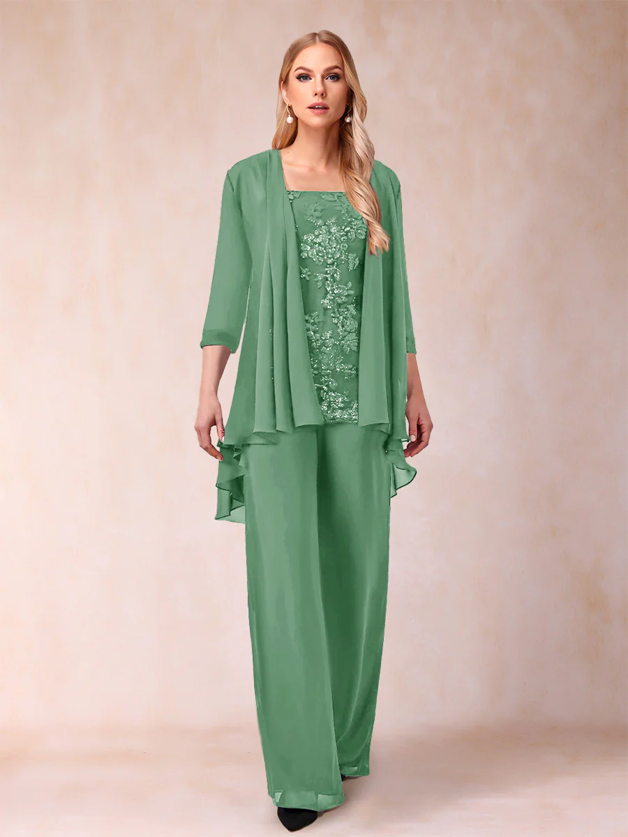 Chiffon Scoop 3/4 Sleeves 3 Pieces Pantsuits with Applique & Jacket - Image 24