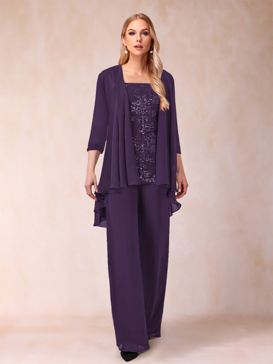 Chiffon Scoop 3/4 Sleeves 3 Pieces Pantsuits with Applique & Jacket - Image 28