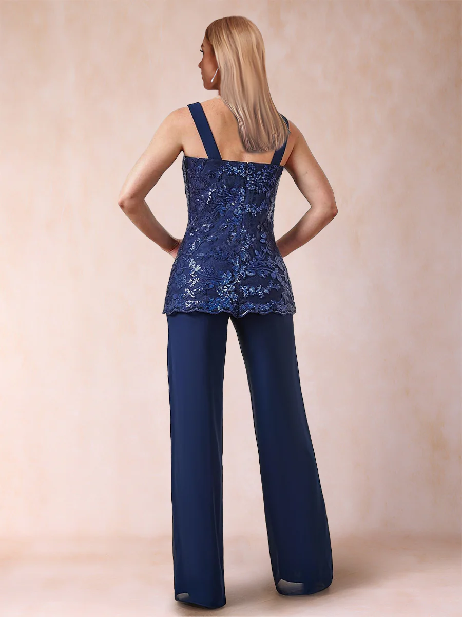 Chiffon Scoop 3/4 Sleeves 3 Pieces Pantsuits with Applique & Jacket - Image 4