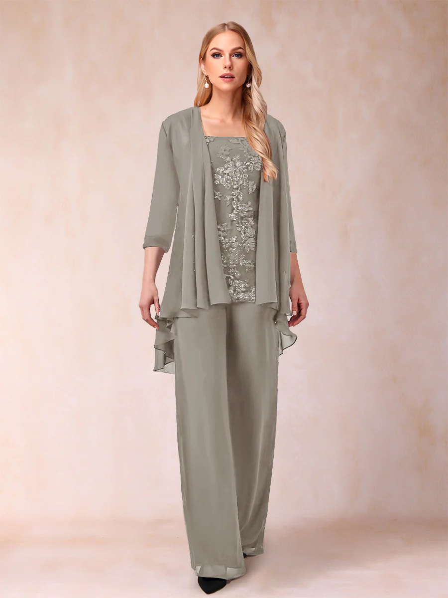 Chiffon Scoop 3/4 Sleeves 3 Pieces Pantsuits with Applique & Jacket - Image 68