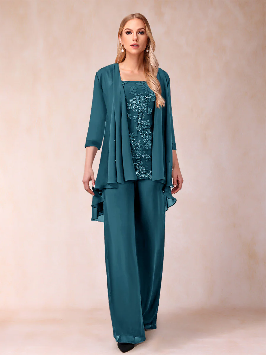 Chiffon Scoop 3/4 Sleeves 3 Pieces Pantsuits with Applique & Jacket - Image 69