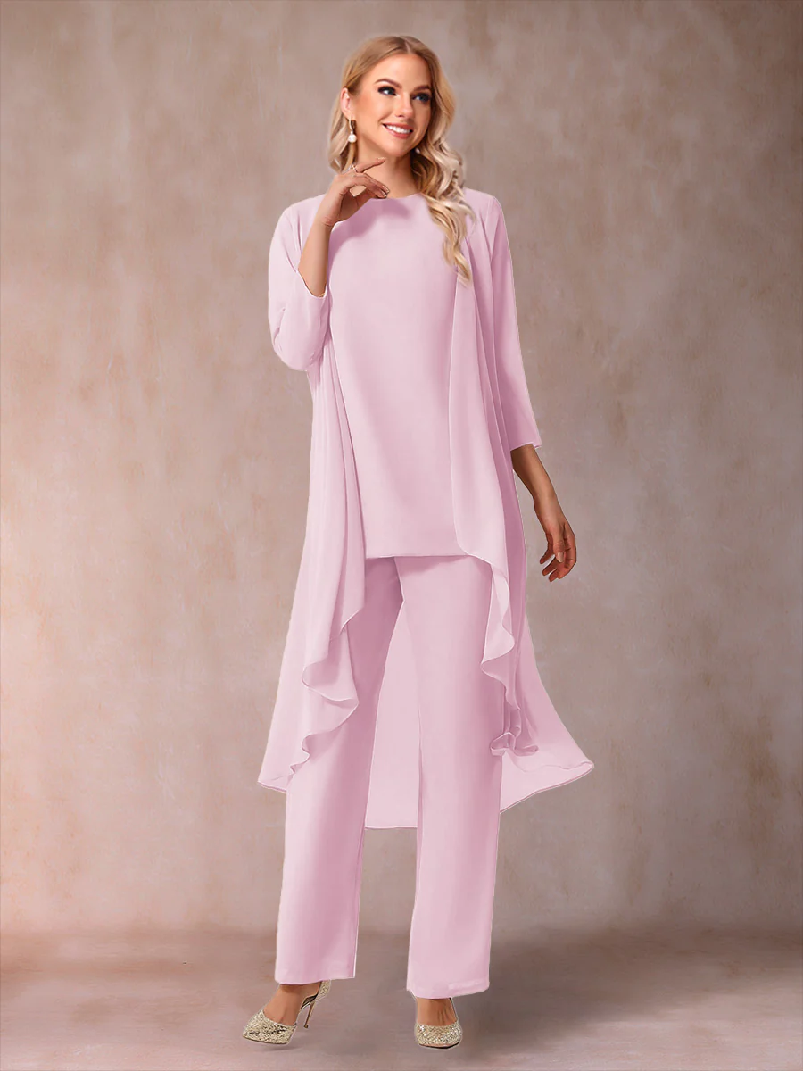 Chiffon Scoop 3/4 Sleeves 3 Pieces Pantsuits with Ruched & Jacket - Image 32