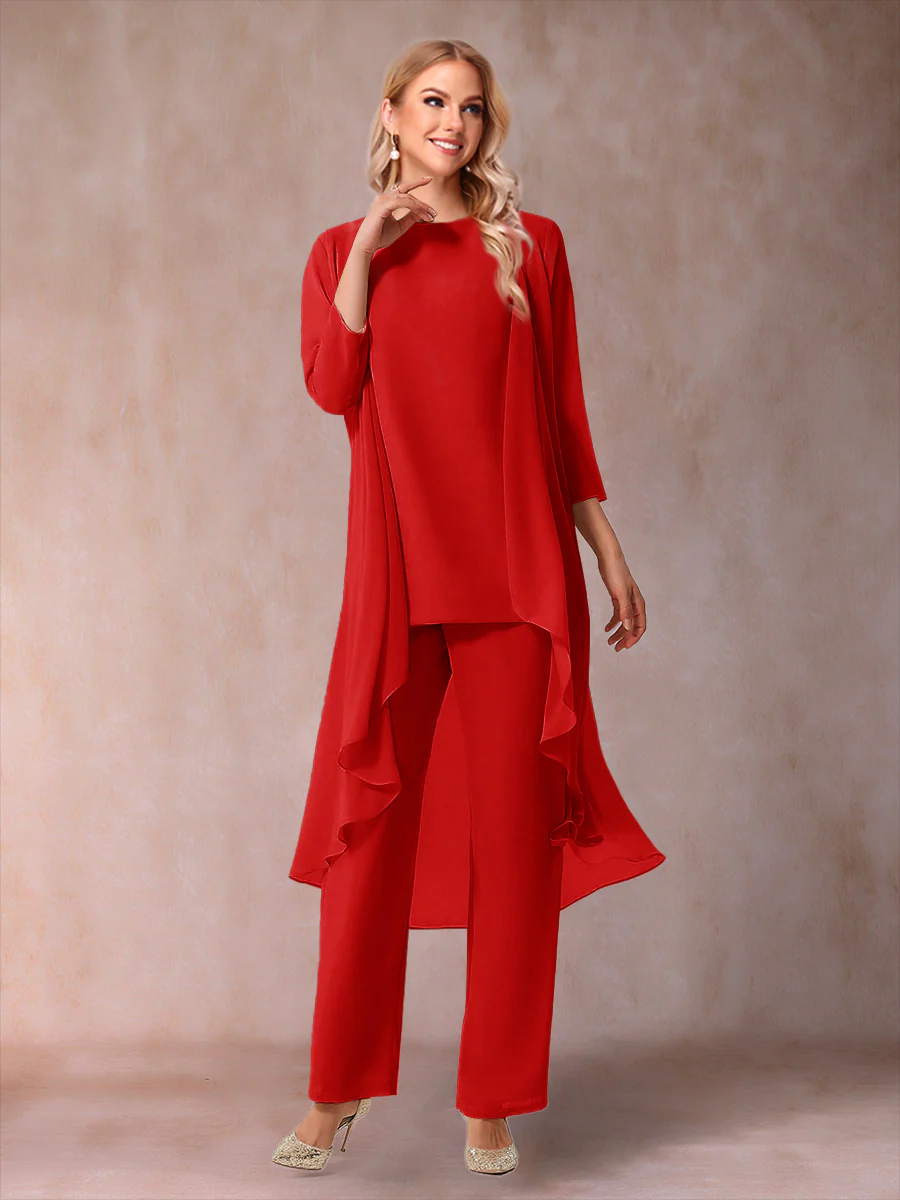 Chiffon Scoop 3/4 Sleeves 3 Pieces Pantsuits with Ruched & Jacket - Image 34
