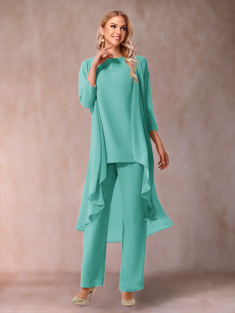 Chiffon Scoop 3/4 Sleeves 3 Pieces Pantsuits with Ruched & Jacket - Image 38