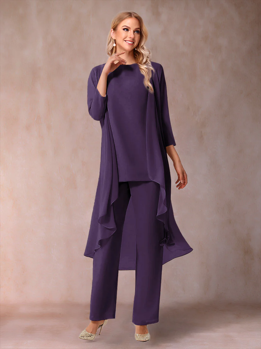 Chiffon Scoop 3/4 Sleeves 3 Pieces Pantsuits with Ruched & Jacket - Image 51