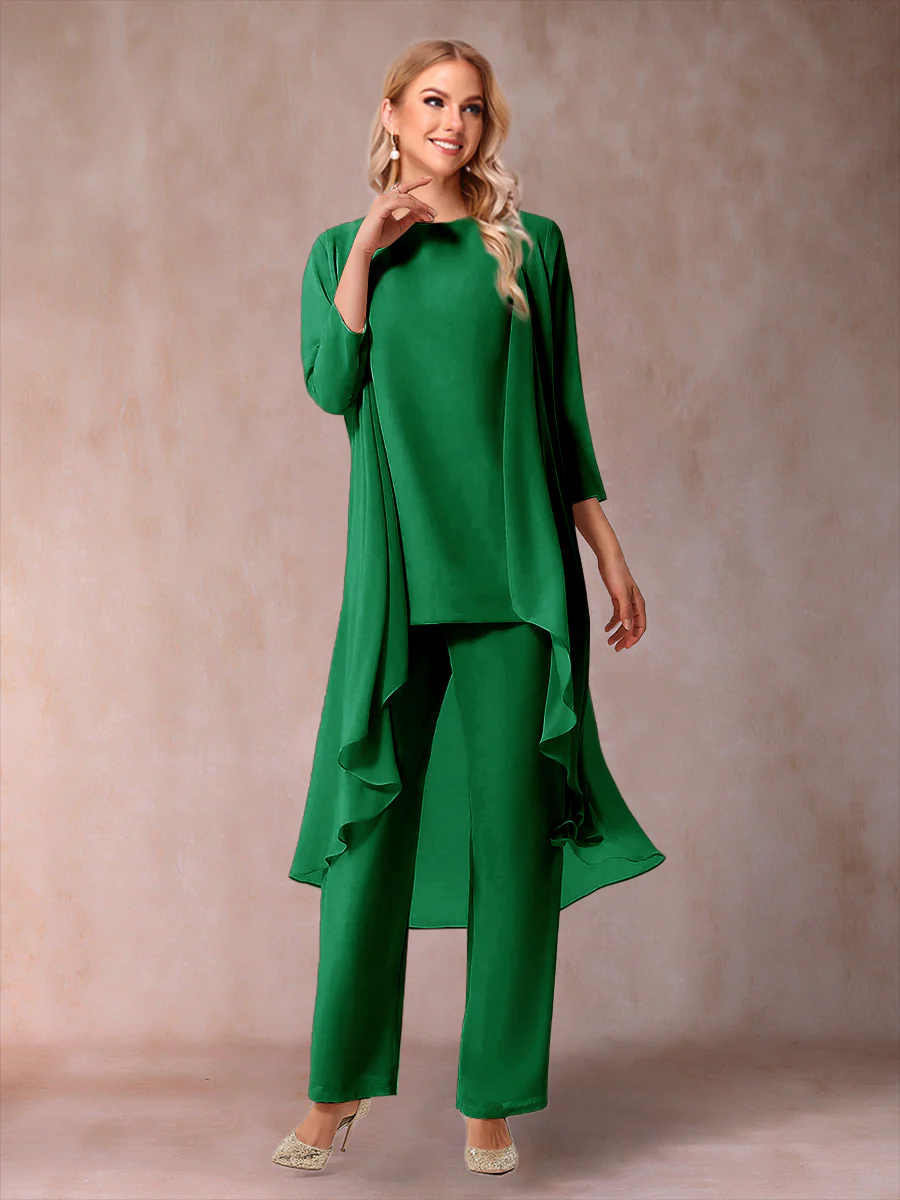 Chiffon Scoop 3/4 Sleeves 3 Pieces Pantsuits with Ruched & Jacket - Image 52