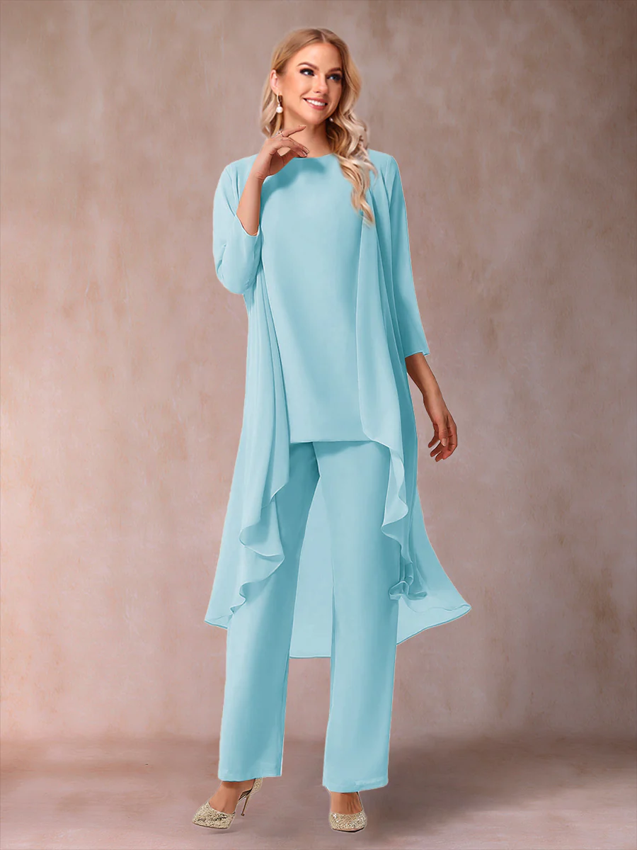 Chiffon Scoop 3/4 Sleeves 3 Pieces Pantsuits with Ruched & Jacket - Image 56