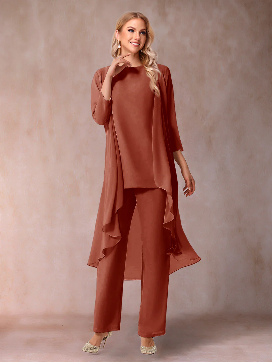 Chiffon Scoop 3/4 Sleeves 3 Pieces Pantsuits with Ruched & Jacket - Image 66