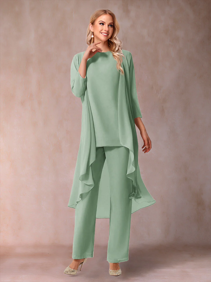 Chiffon Scoop 3/4 Sleeves 3 Pieces Pantsuits with Ruched & Jacket - Image 67