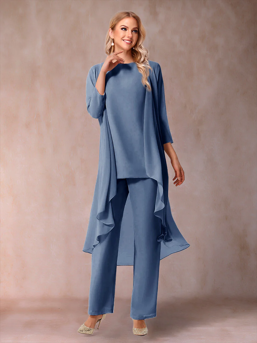 Chiffon Scoop 3/4 Sleeves 3 Pieces Pantsuits with Ruched & Jacket - Image 69