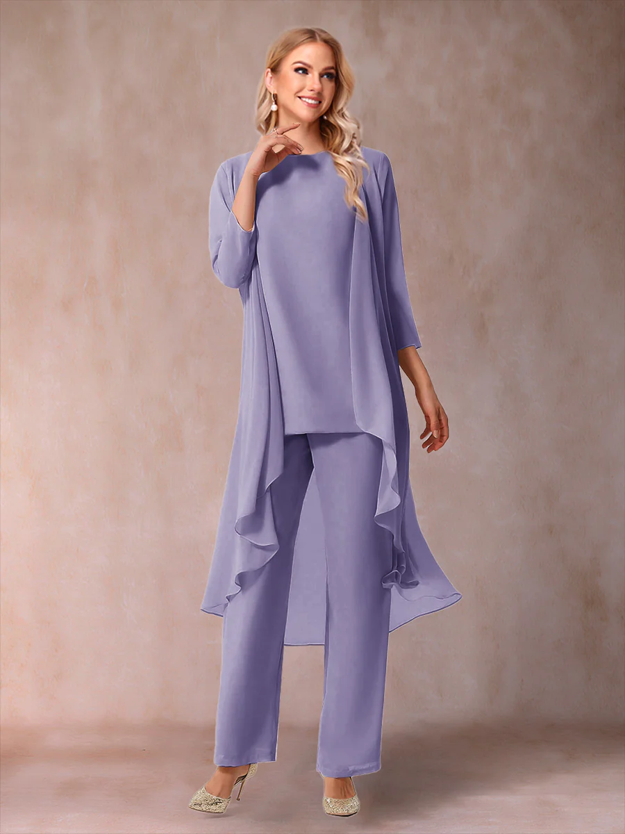 Chiffon Scoop 3/4 Sleeves 3 Pieces Pantsuits with Ruched & Jacket - Image 74