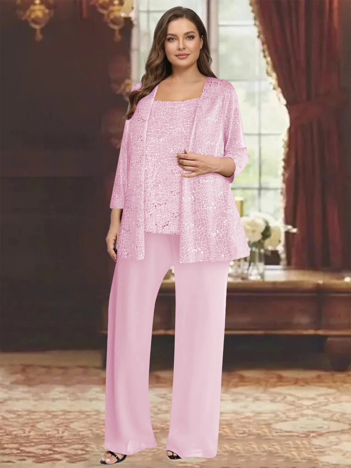 Chiffon Scoop 3/4 Sleeves 3 Pieces Pantsuits with Sequin& Jacket - Image 19