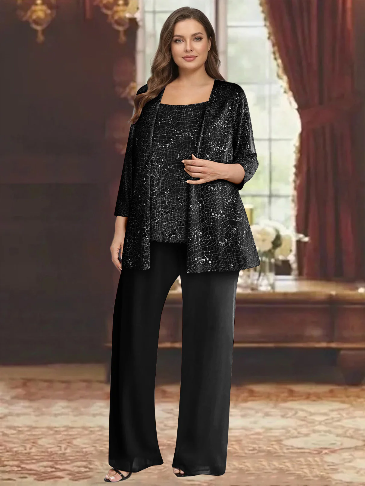 Chiffon Scoop 3/4 Sleeves 3 Pieces Pantsuits with Sequin& Jacket - Image 3