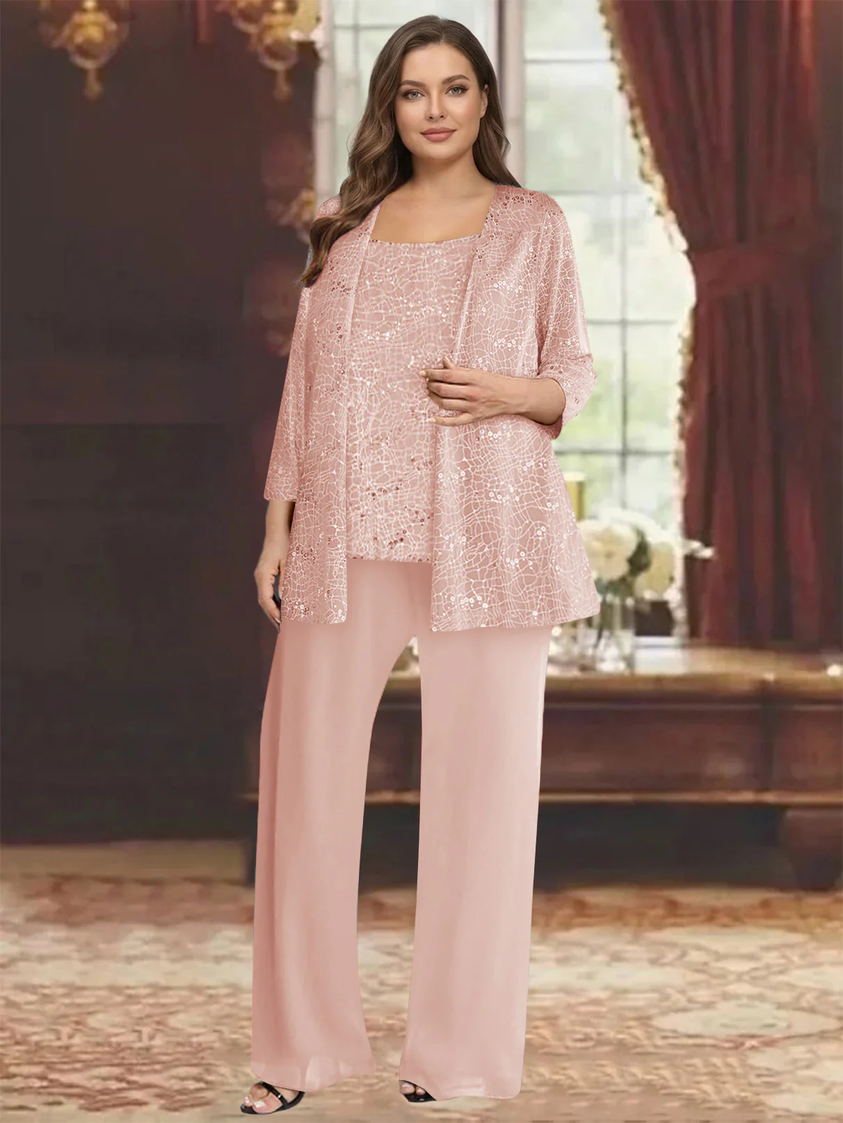 Chiffon Scoop 3/4 Sleeves 3 Pieces Pantsuits with Sequin& Jacket - Image 4
