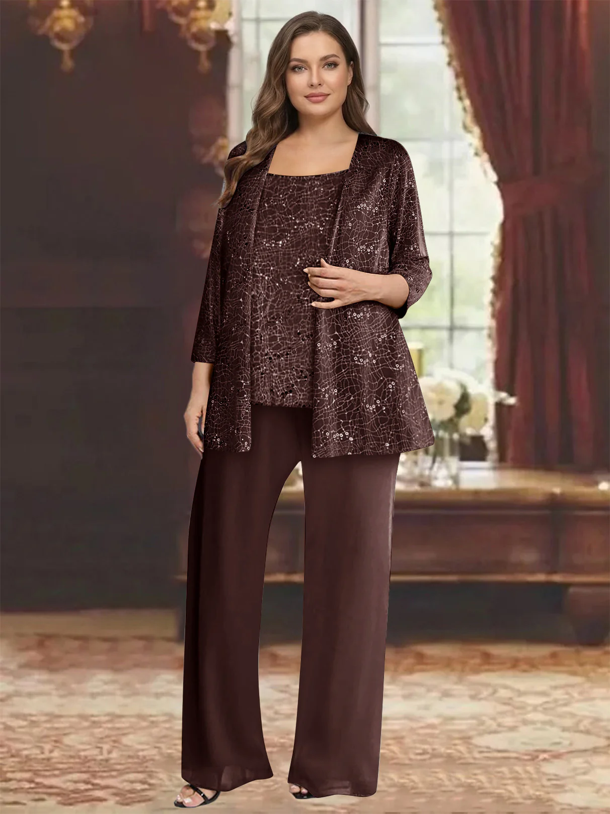 Chiffon Scoop 3/4 Sleeves 3 Pieces Pantsuits with Sequin& Jacket - Image 5