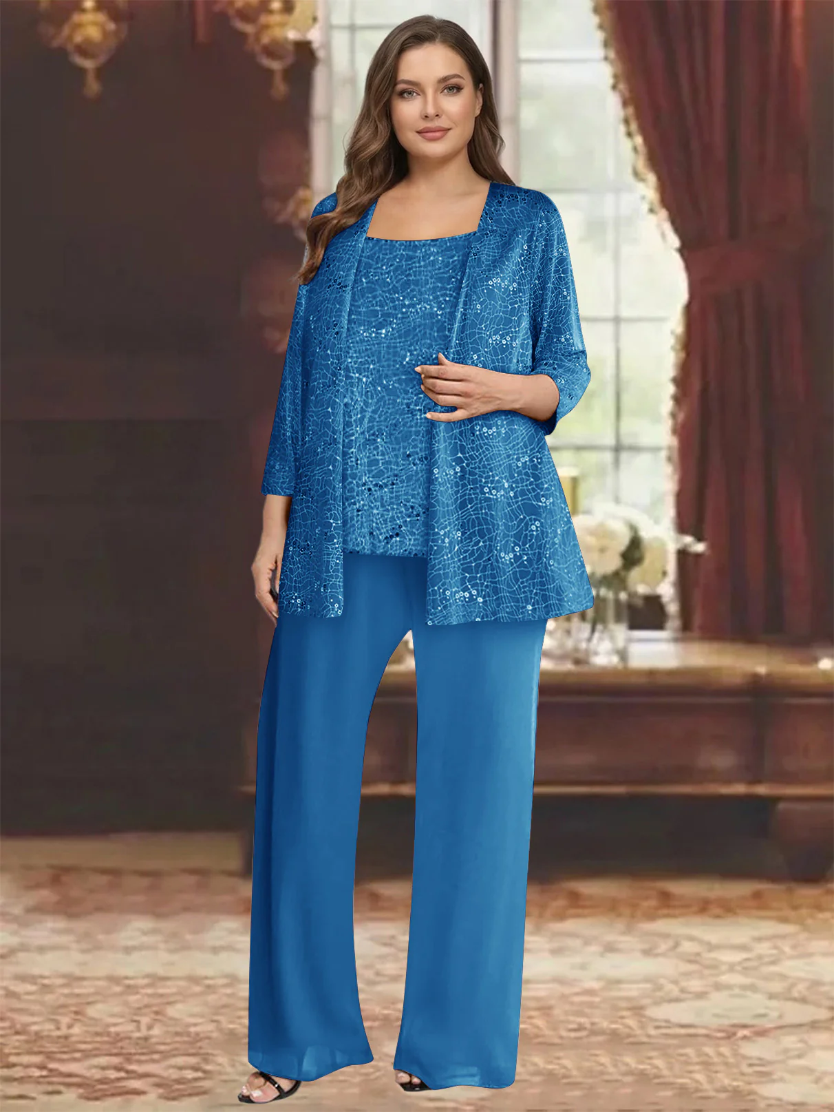 Chiffon Scoop 3/4 Sleeves 3 Pieces Pantsuits with Sequin& Jacket - Image 56