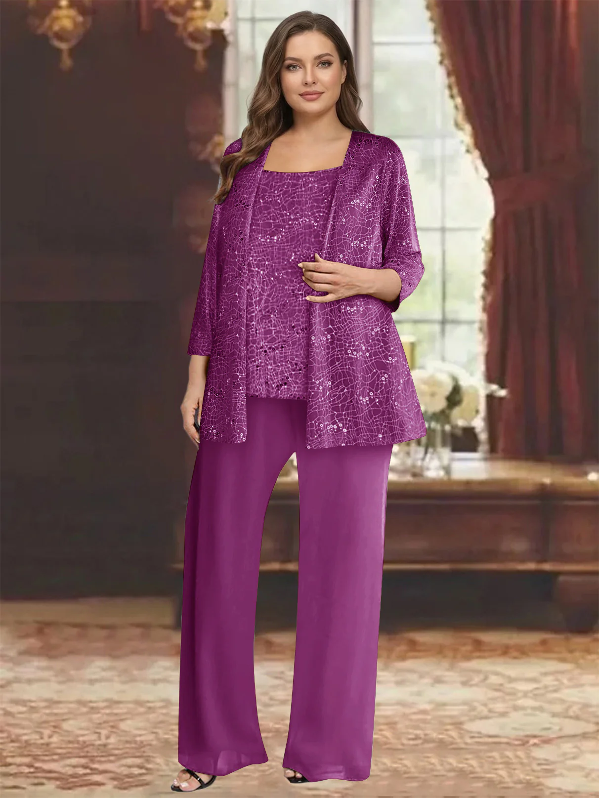 Chiffon Scoop 3/4 Sleeves 3 Pieces Pantsuits with Sequin& Jacket - Image 59
