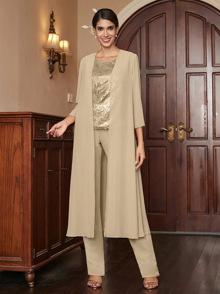 Chiffon Scoop 3/4 Sleeves 3 Pieces Pantsuits with Sequins & Jacket - Image 10