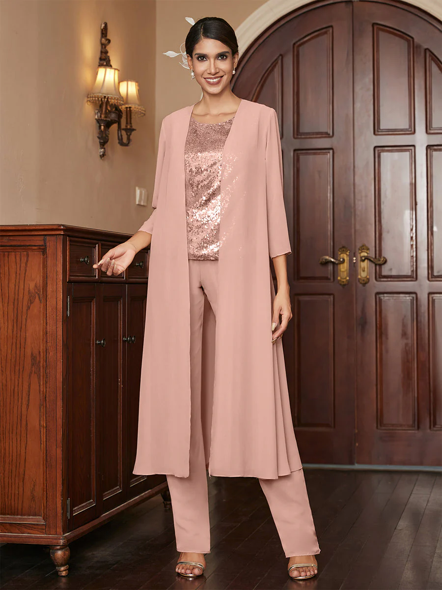 Chiffon Scoop 3/4 Sleeves 3 Pieces Pantsuits with Sequins & Jacket - Image 11