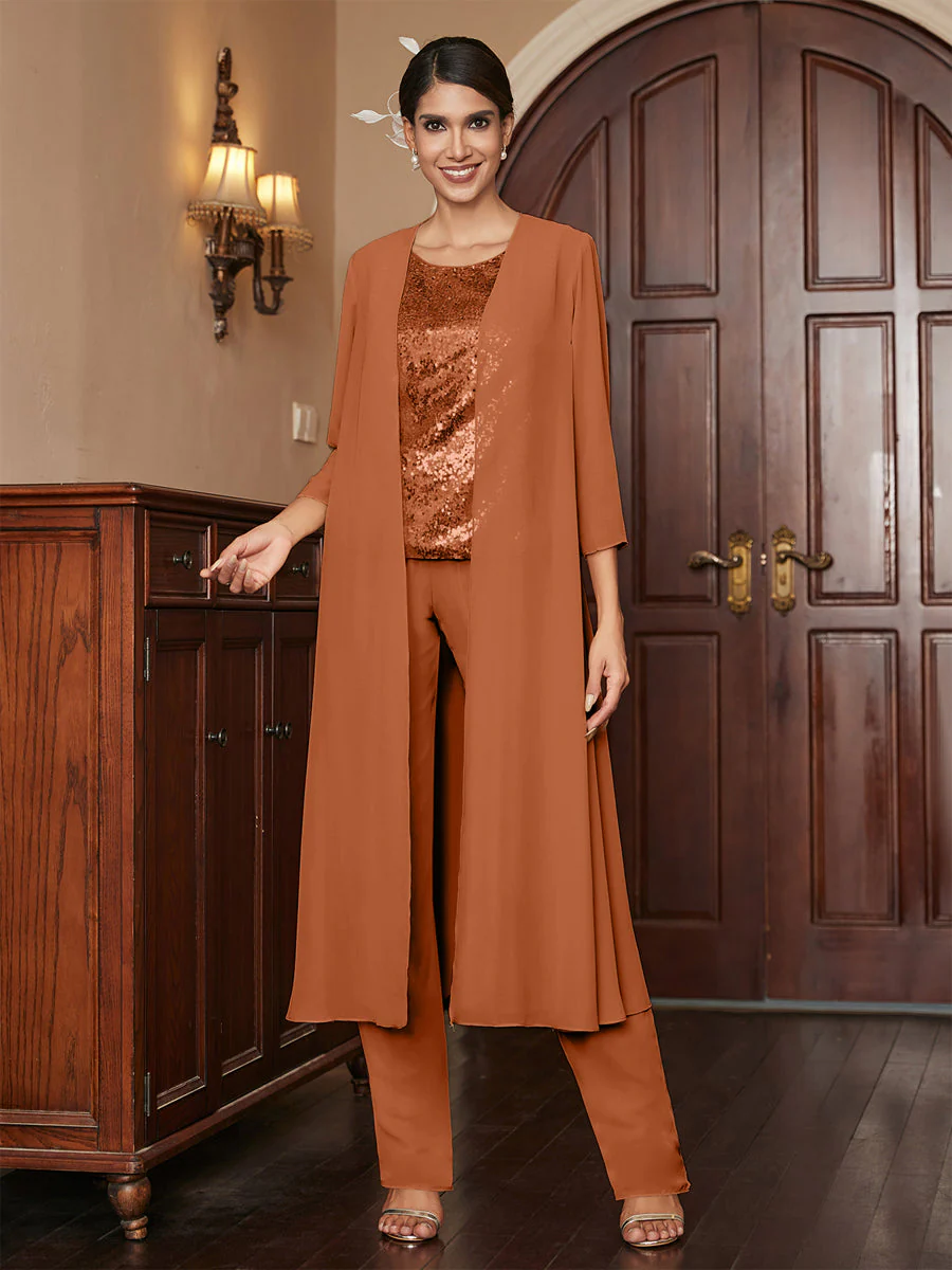Chiffon Scoop 3/4 Sleeves 3 Pieces Pantsuits with Sequins & Jacket - Image 13