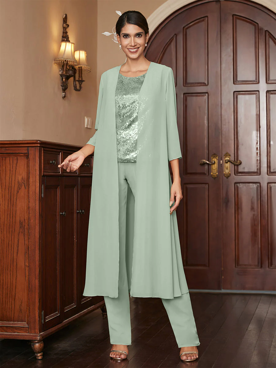Chiffon Scoop 3/4 Sleeves 3 Pieces Pantsuits with Sequins & Jacket - Image 14