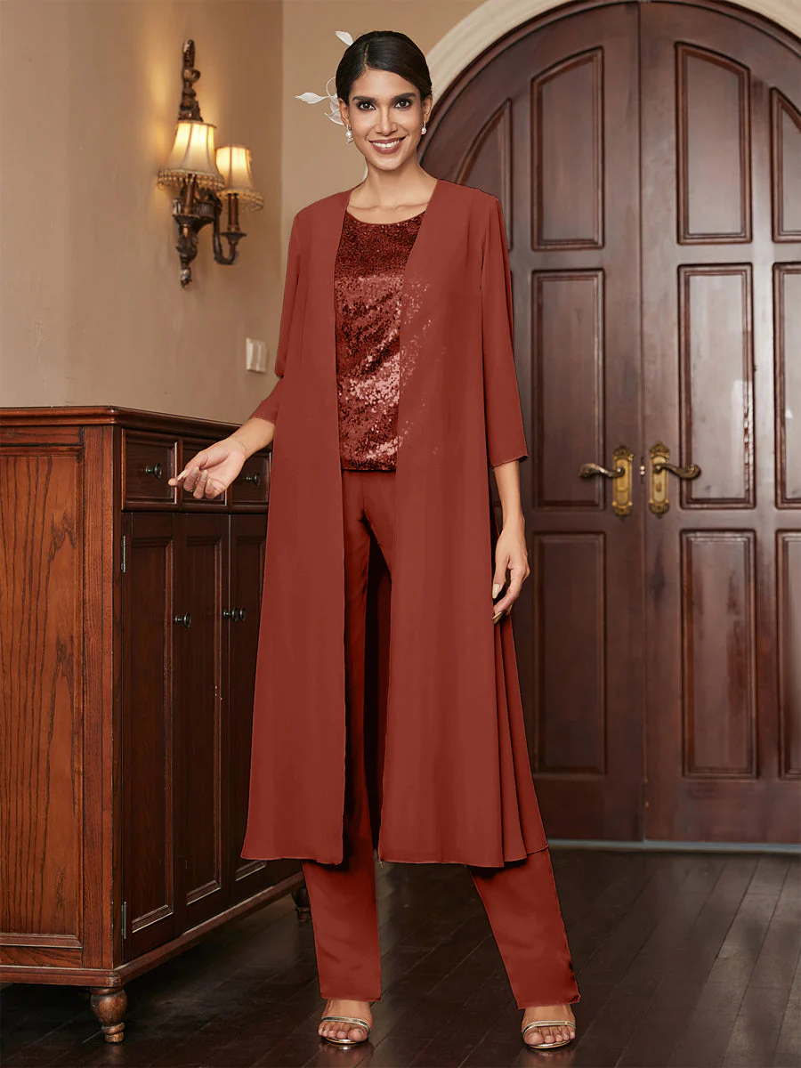 Chiffon Scoop 3/4 Sleeves 3 Pieces Pantsuits with Sequins & Jacket - Image 17