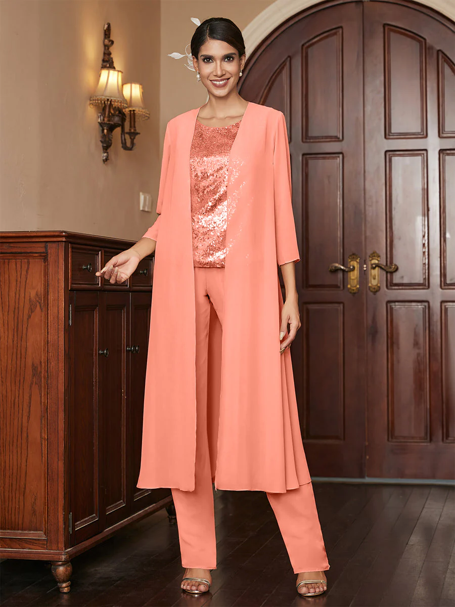 Chiffon Scoop 3/4 Sleeves 3 Pieces Pantsuits with Sequins & Jacket - Image 19