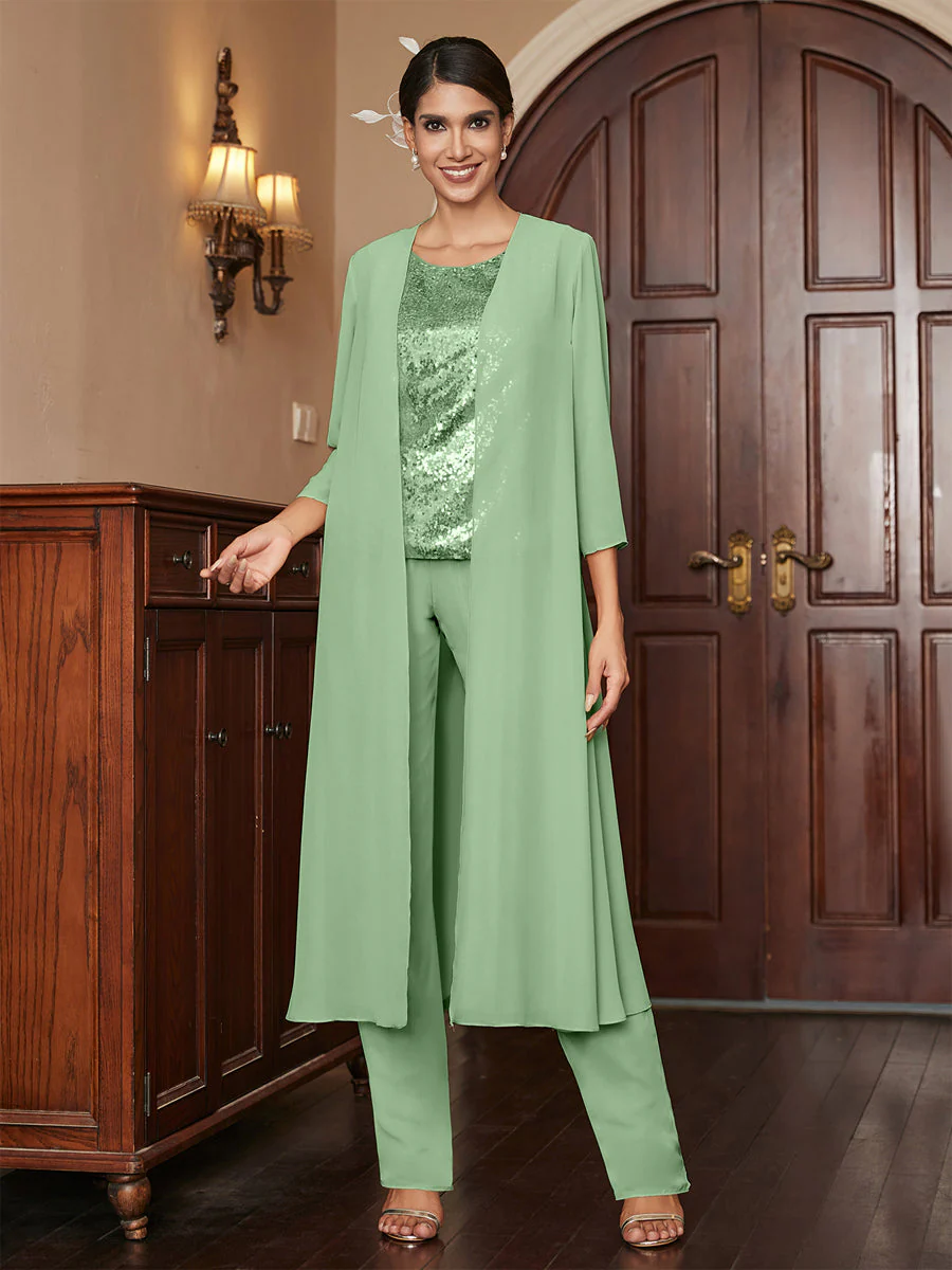 Chiffon Scoop 3/4 Sleeves 3 Pieces Pantsuits with Sequins & Jacket - Image 20
