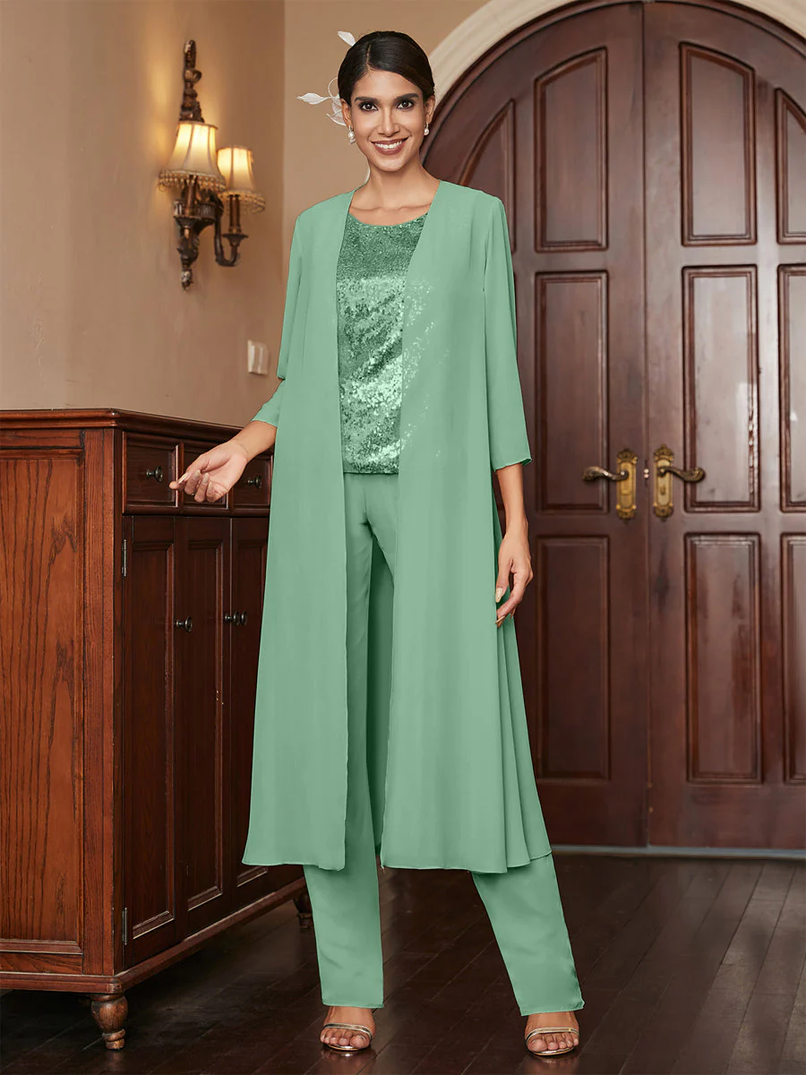 Chiffon Scoop 3/4 Sleeves 3 Pieces Pantsuits with Sequins & Jacket - Image 21