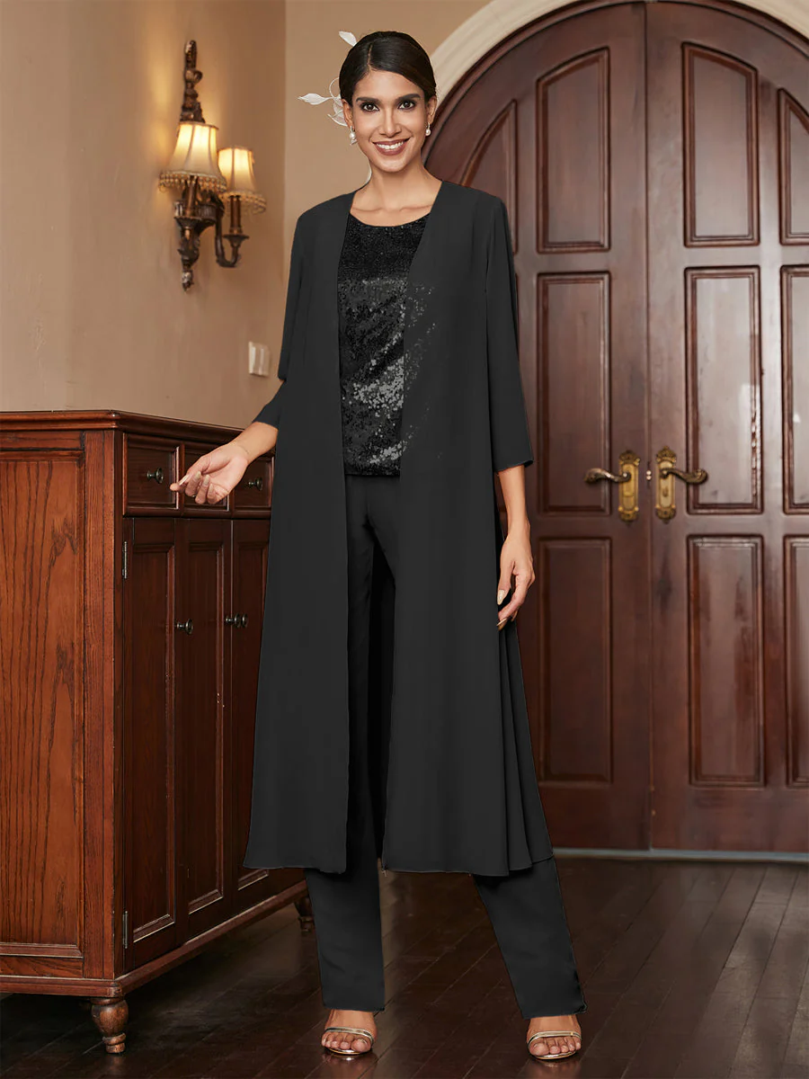Chiffon Scoop 3/4 Sleeves 3 Pieces Pantsuits with Sequins & Jacket - Image 22