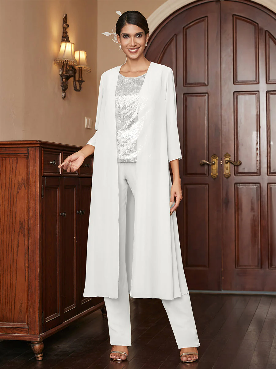 Chiffon Scoop 3/4 Sleeves 3 Pieces Pantsuits with Sequins & Jacket - Image 24