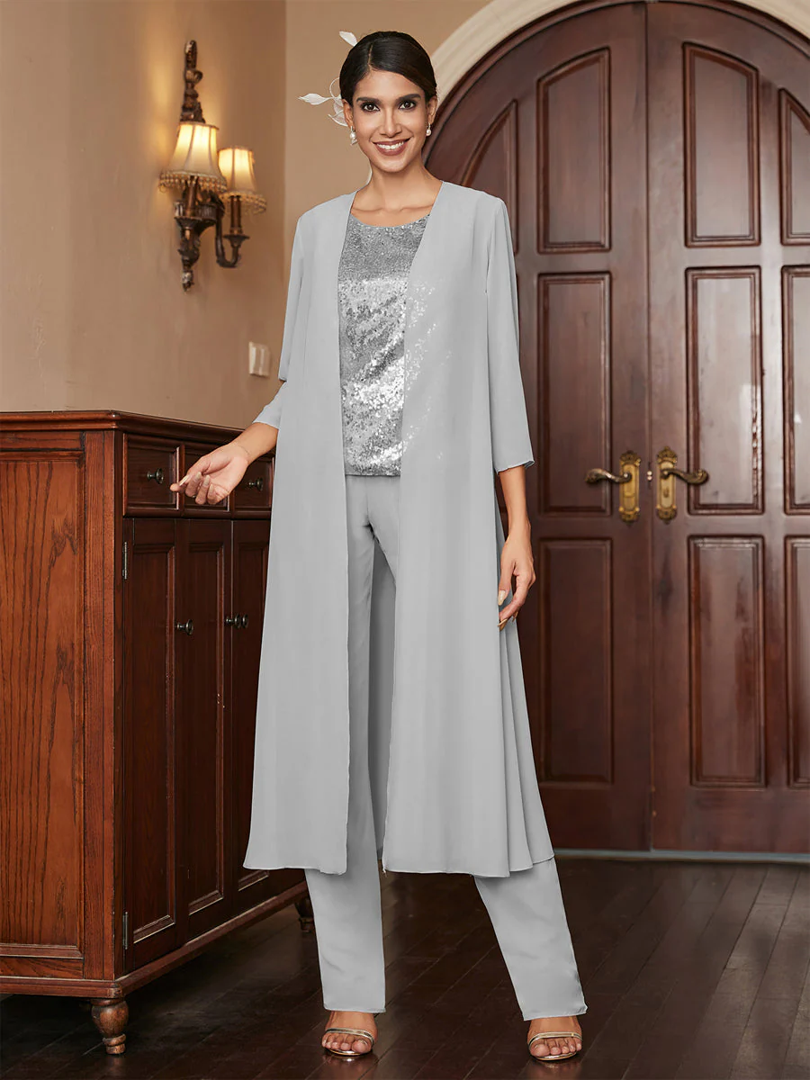 Chiffon Scoop 3/4 Sleeves 3 Pieces Pantsuits with Sequins & Jacket - Image 26