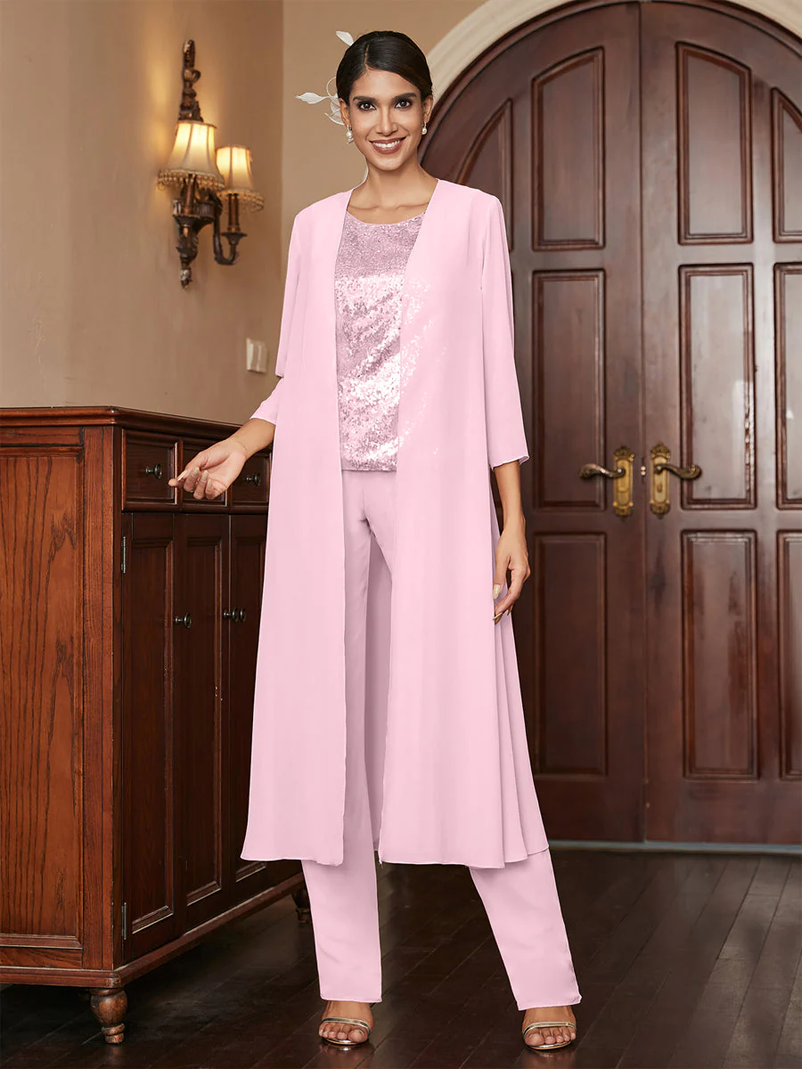 Chiffon Scoop 3/4 Sleeves 3 Pieces Pantsuits with Sequins & Jacket - Image 28