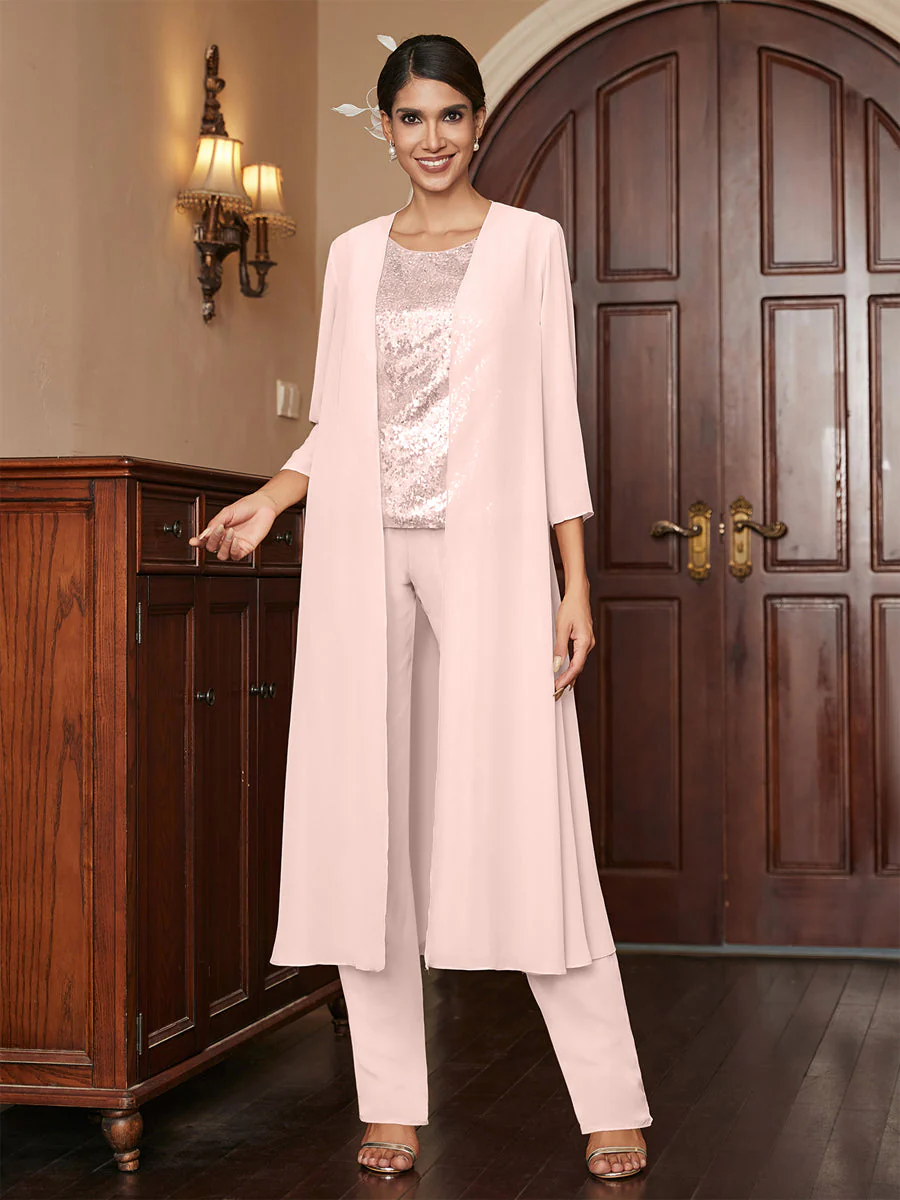 Chiffon Scoop 3/4 Sleeves 3 Pieces Pantsuits with Sequins & Jacket - Image 30