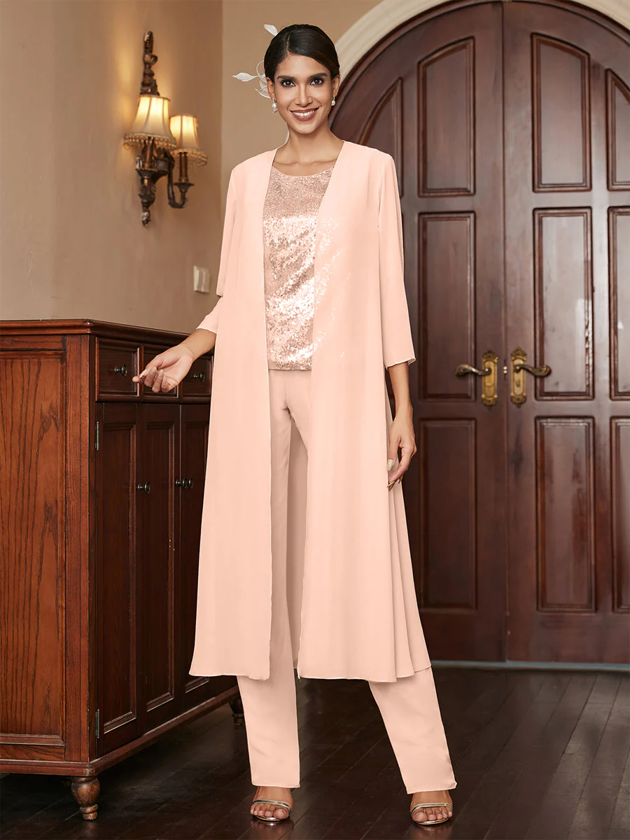 Chiffon Scoop 3/4 Sleeves 3 Pieces Pantsuits with Sequins & Jacket - Image 31