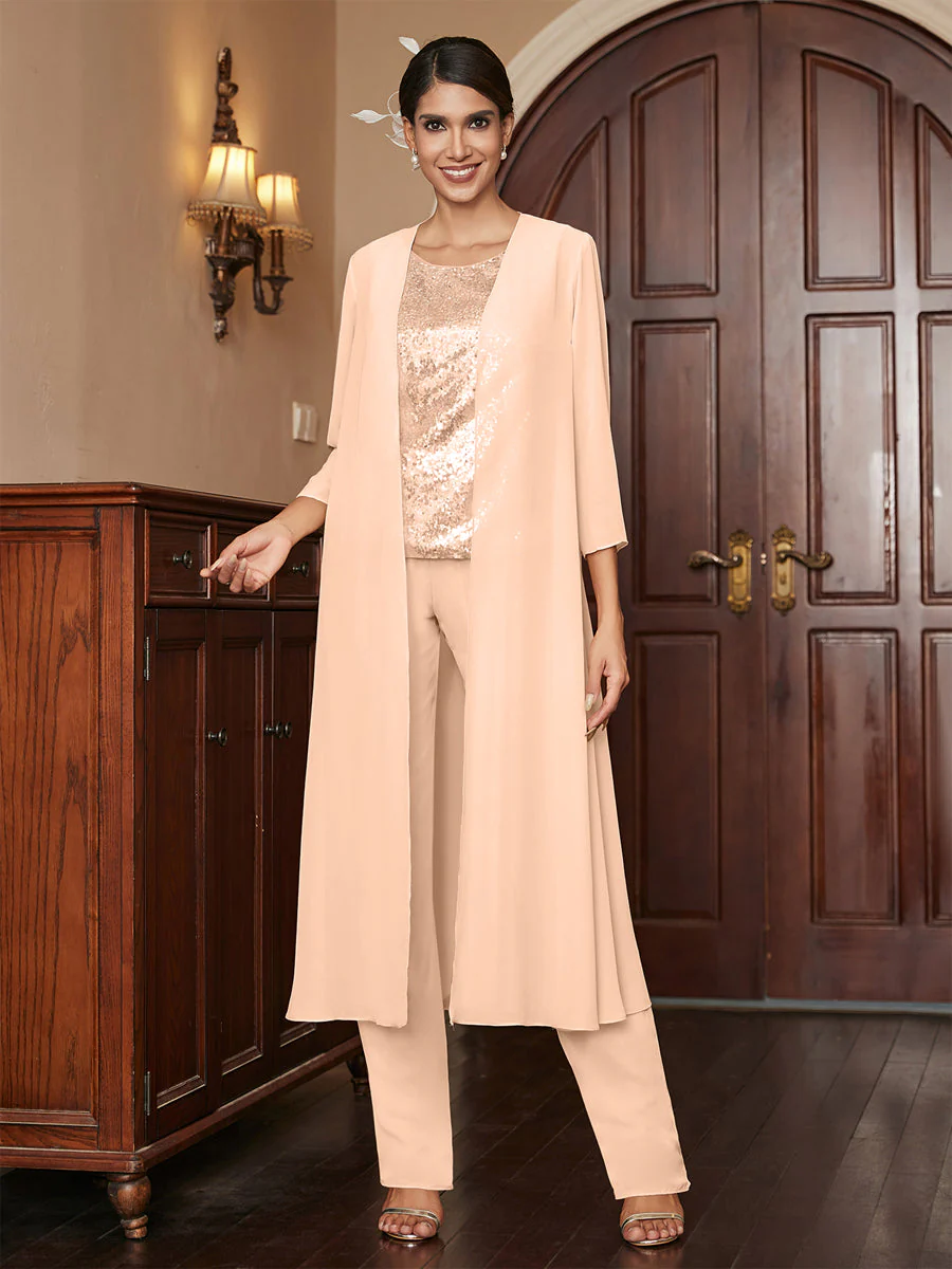 Chiffon Scoop 3/4 Sleeves 3 Pieces Pantsuits with Sequins & Jacket - Image 32