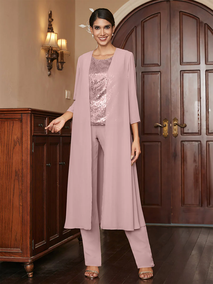 Chiffon Scoop 3/4 Sleeves 3 Pieces Pantsuits with Sequins & Jacket - Image 33