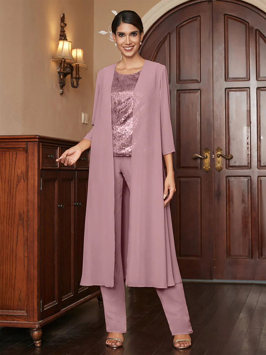 Chiffon Scoop 3/4 Sleeves 3 Pieces Pantsuits with Sequins & Jacket - Image 34