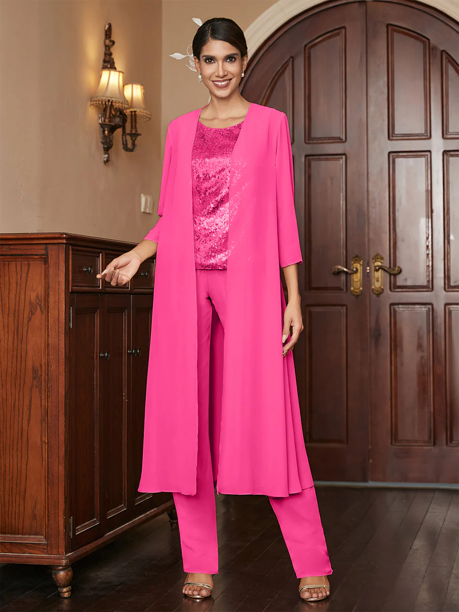 Chiffon Scoop 3/4 Sleeves 3 Pieces Pantsuits with Sequins & Jacket - Image 36