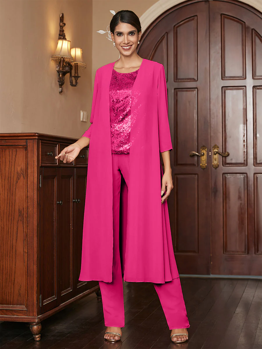 Chiffon Scoop 3/4 Sleeves 3 Pieces Pantsuits with Sequins & Jacket - Image 37