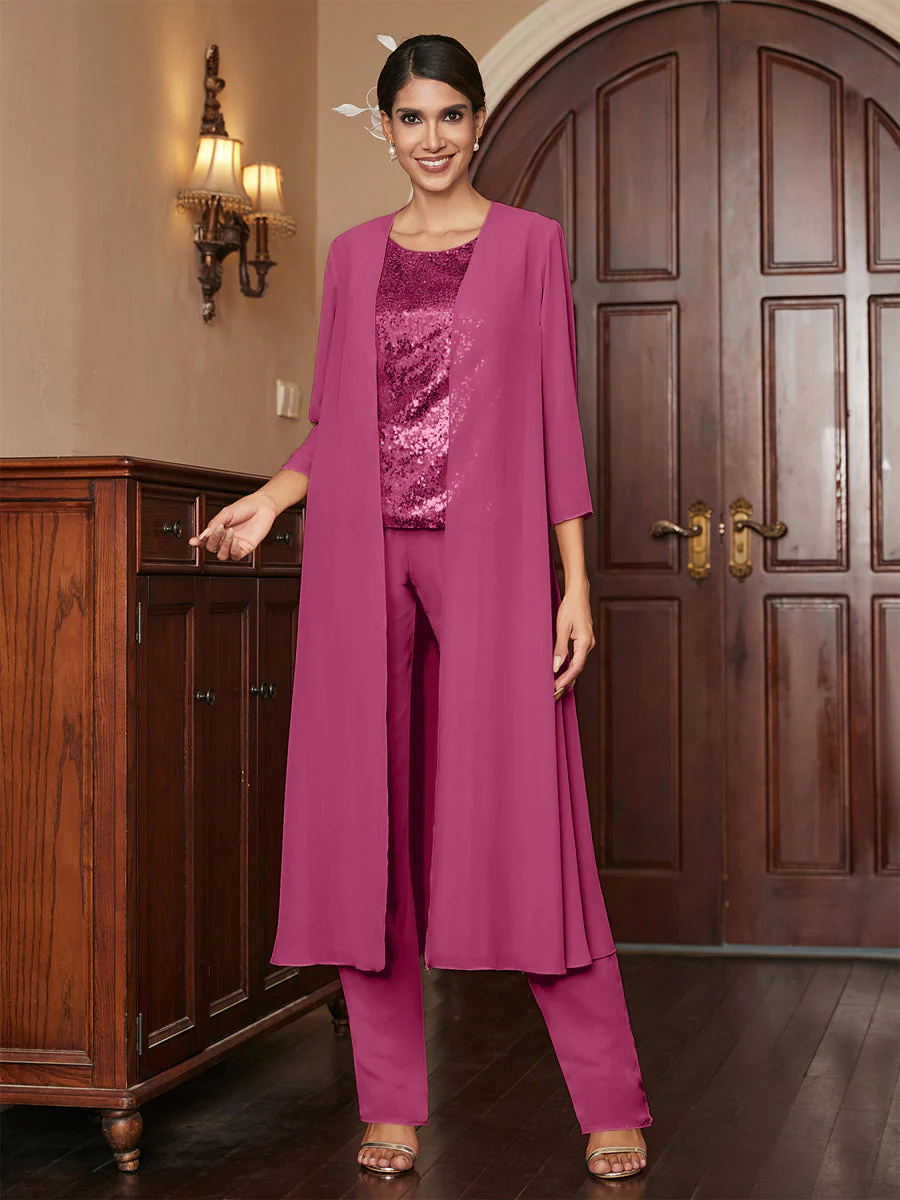 Chiffon Scoop 3/4 Sleeves 3 Pieces Pantsuits with Sequins & Jacket - Image 38