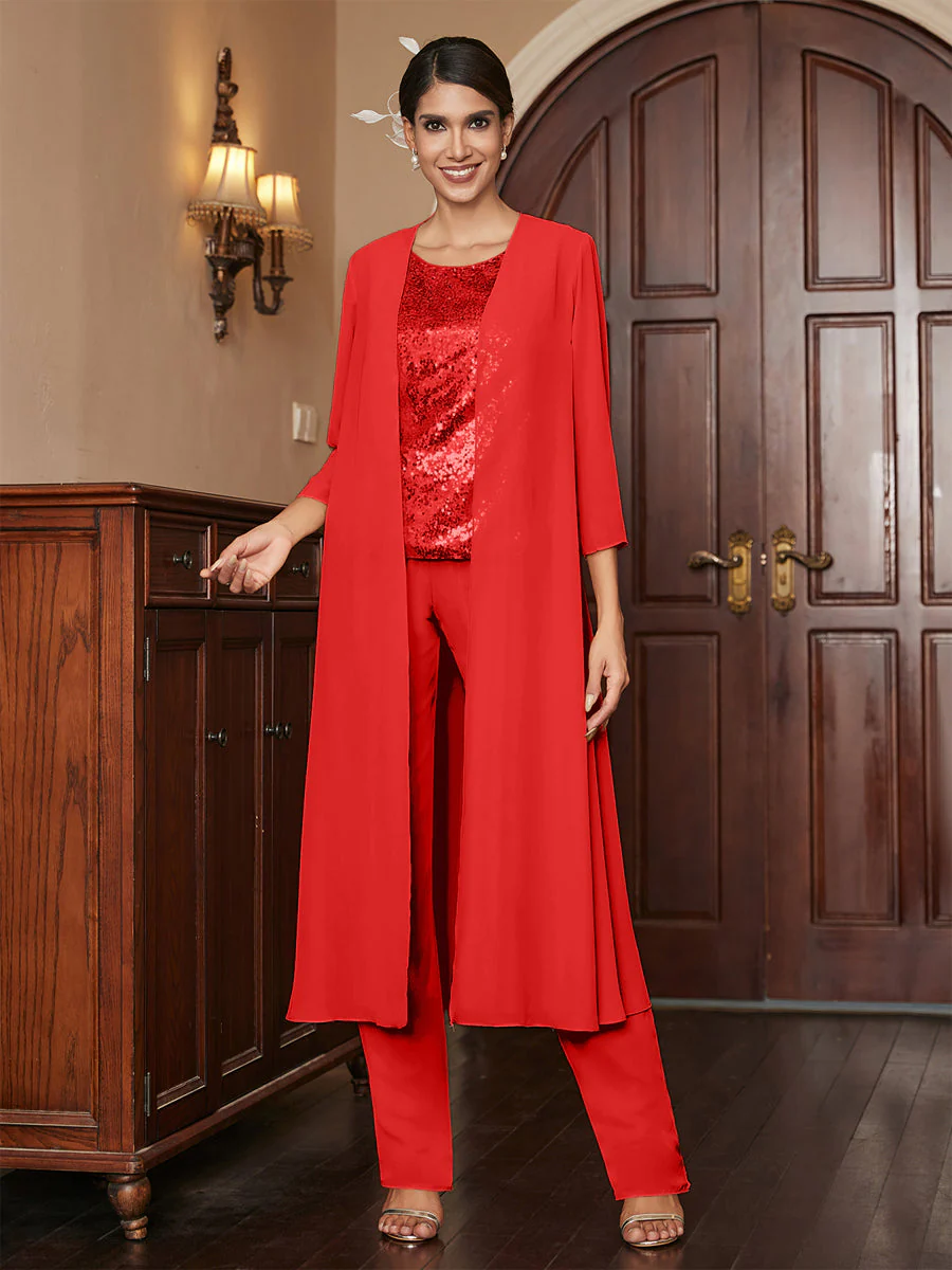 Chiffon Scoop 3/4 Sleeves 3 Pieces Pantsuits with Sequins & Jacket - Image 39
