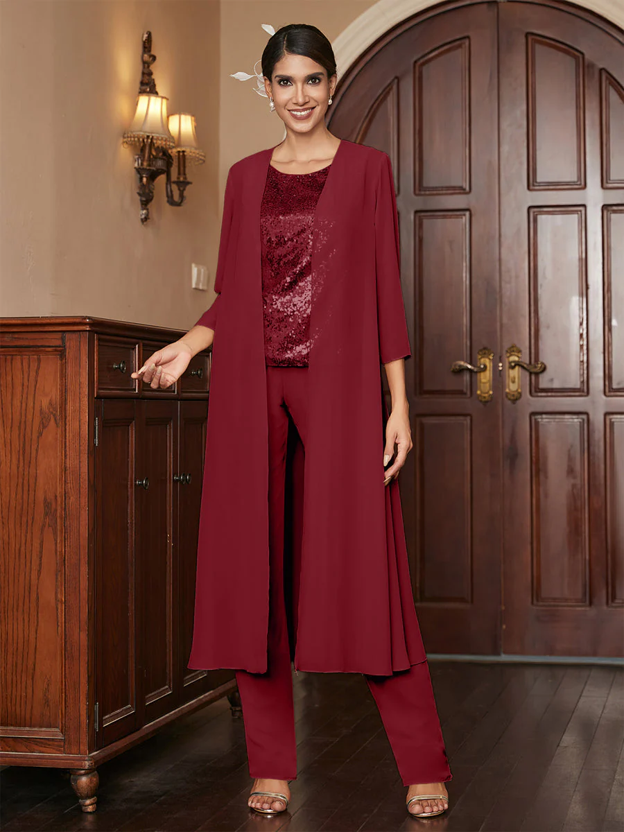 Chiffon Scoop 3/4 Sleeves 3 Pieces Pantsuits with Sequins & Jacket - Image 40