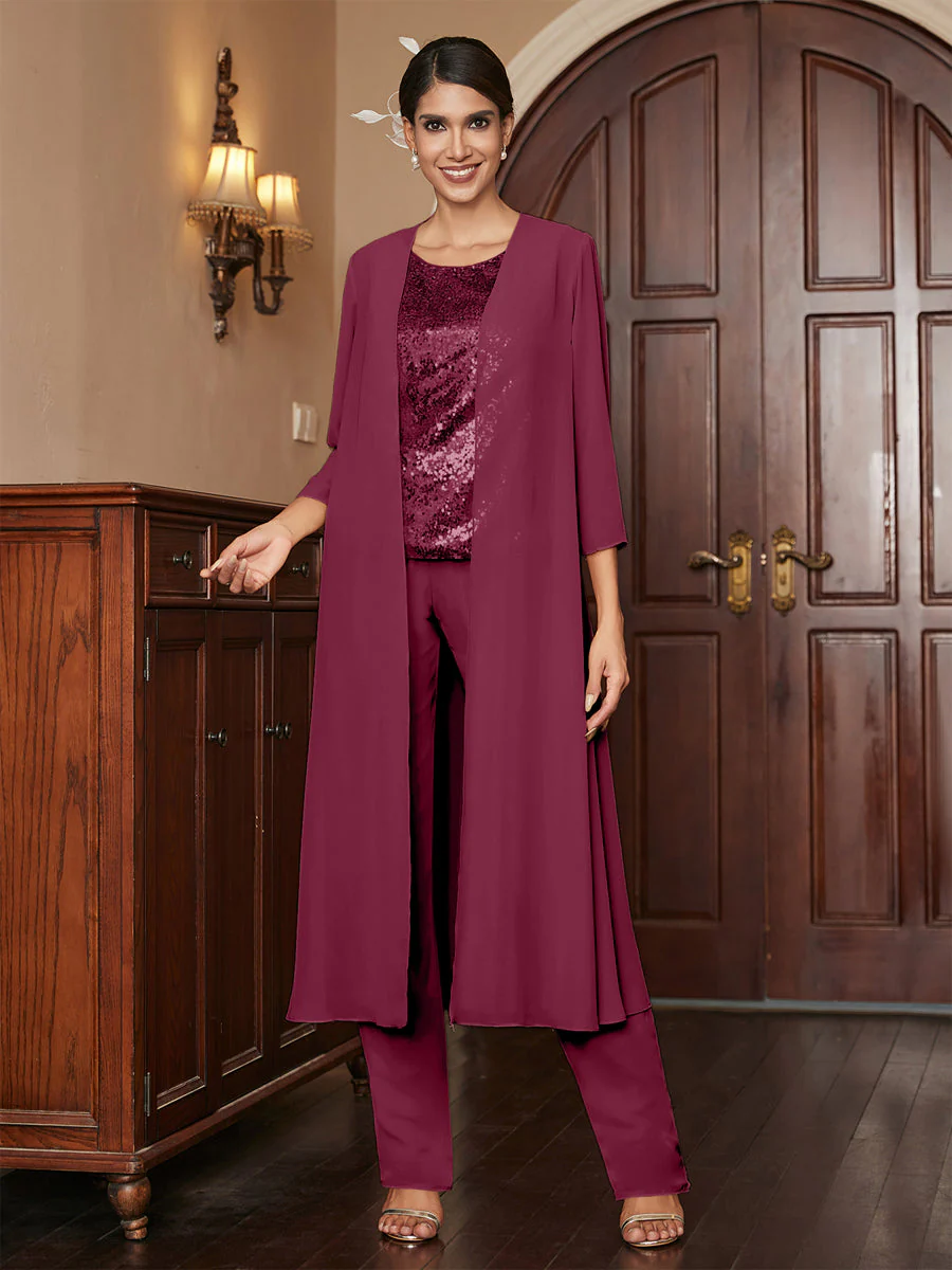 Chiffon Scoop 3/4 Sleeves 3 Pieces Pantsuits with Sequins & Jacket - Image 41