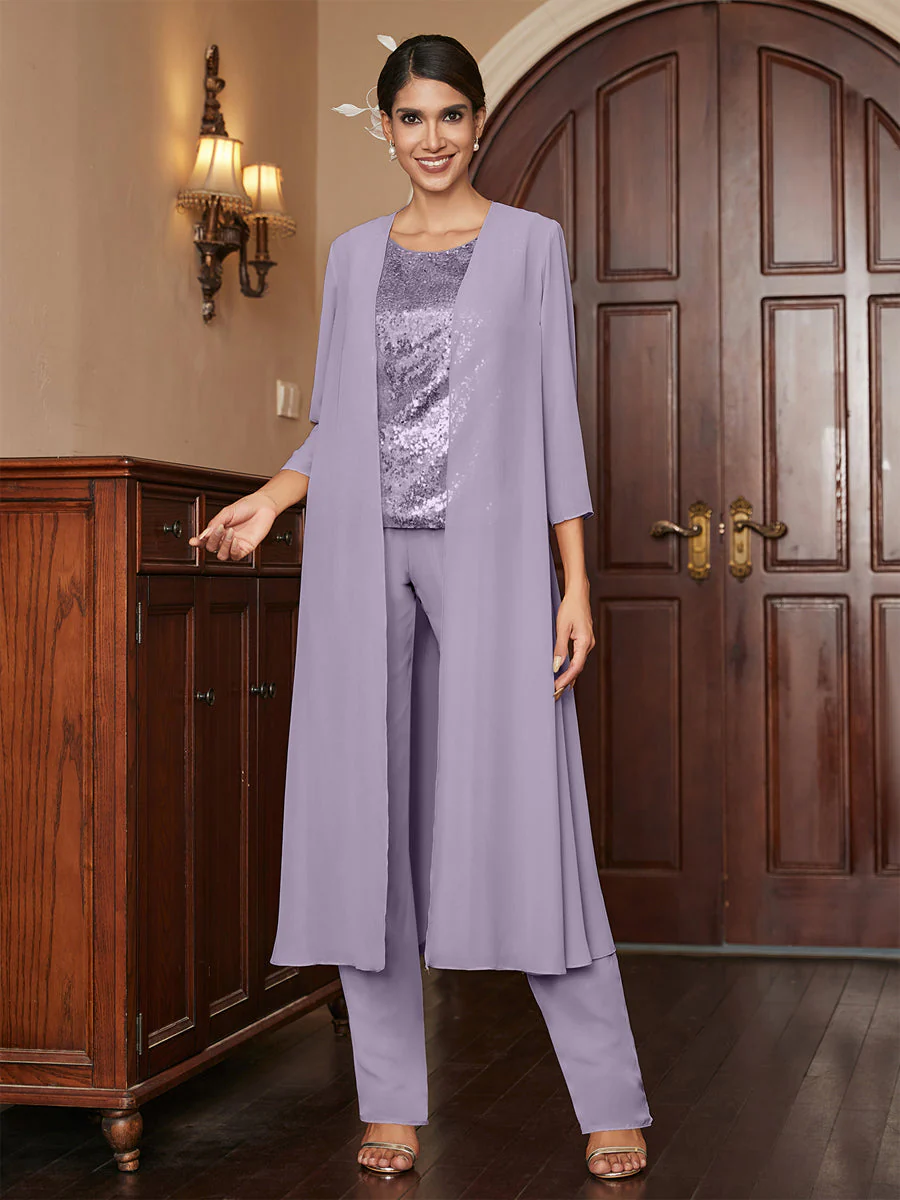 Chiffon Scoop 3/4 Sleeves 3 Pieces Pantsuits with Sequins & Jacket - Image 42